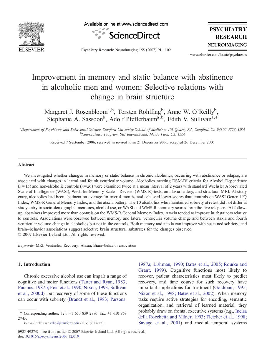 Improvement in memory and static balance with abstinence in alcoholic men and women: Selective relations with change in brain structure