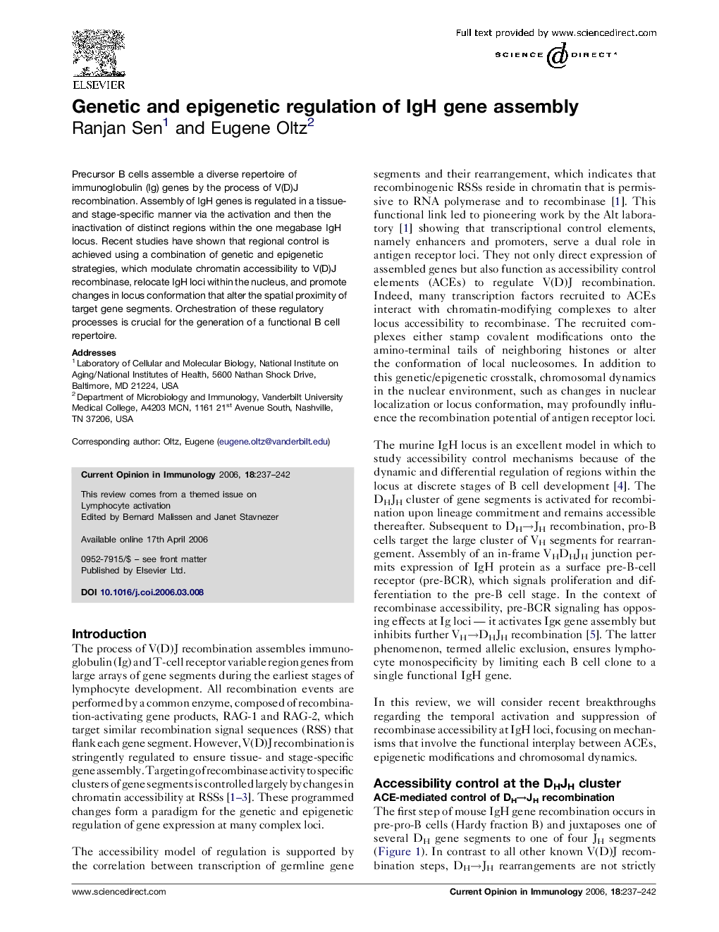 Genetic and epigenetic regulation of IgH gene assembly