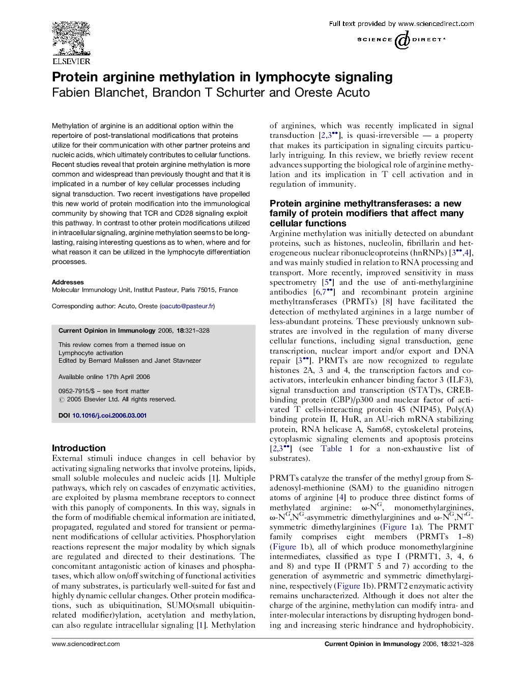 Protein arginine methylation in lymphocyte signaling