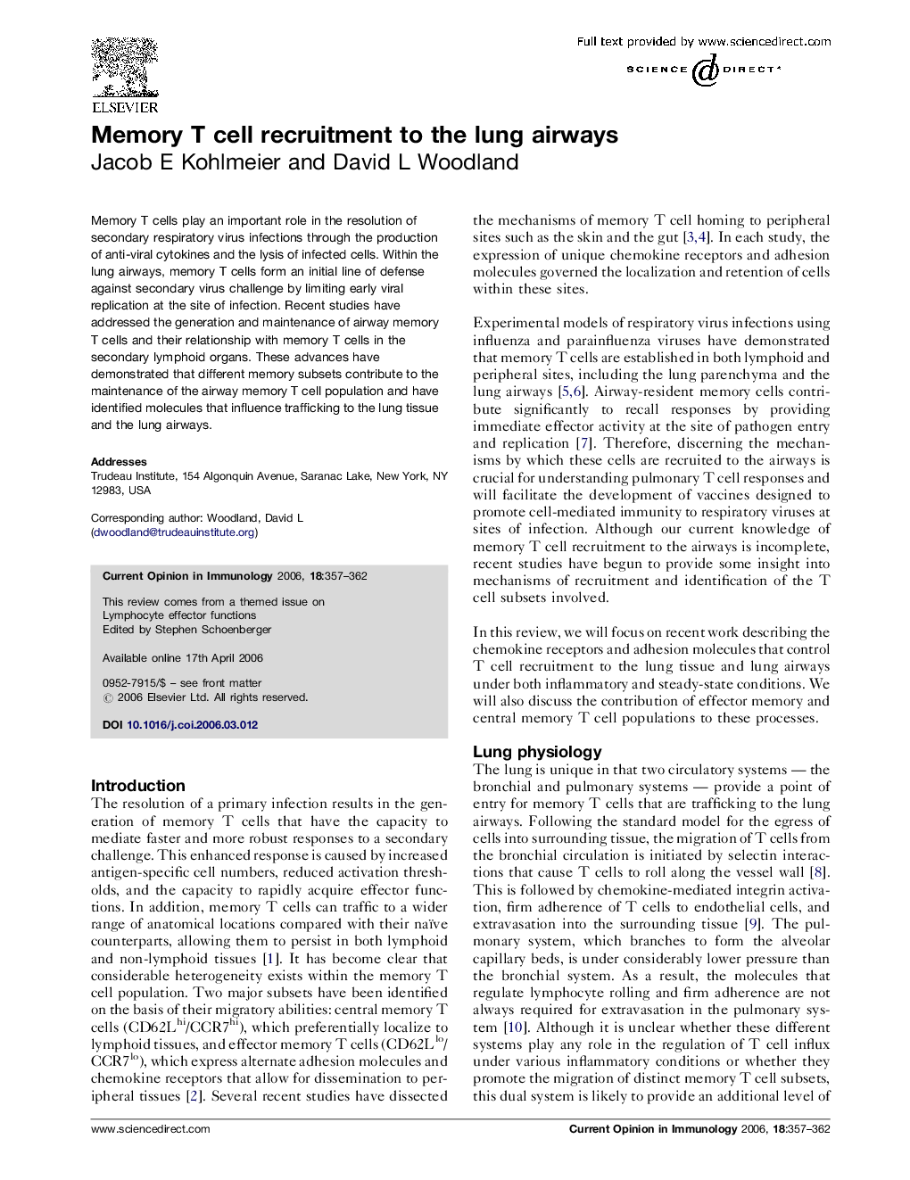 Memory T cell recruitment to the lung airways
