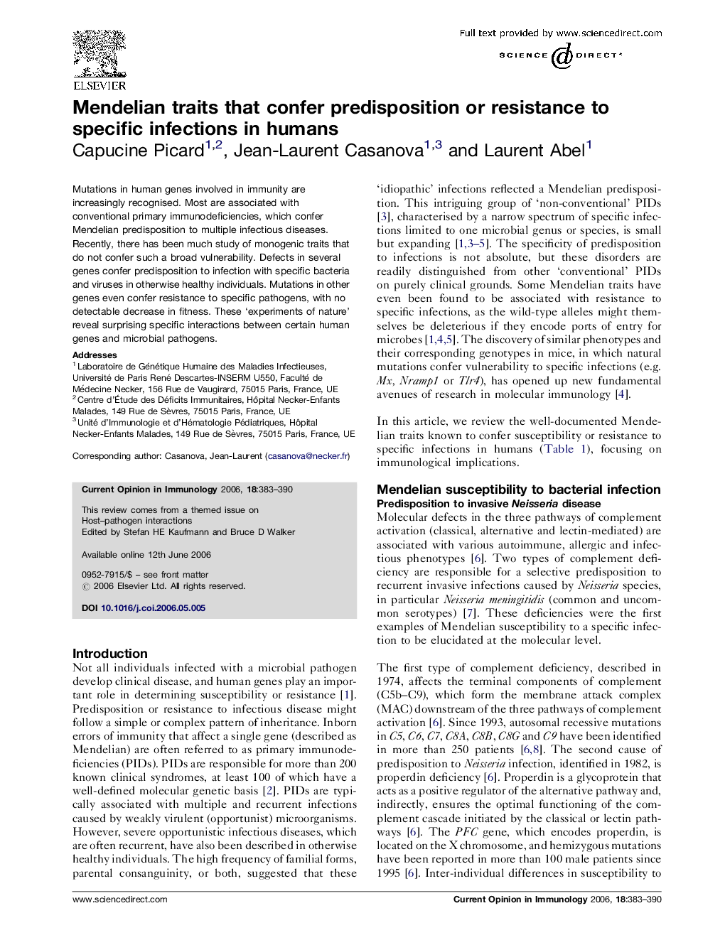 Mendelian traits that confer predisposition or resistance to specific infections in humans