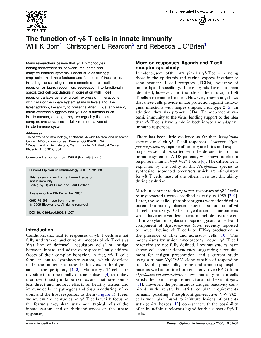 The function of γδ T cells in innate immunity