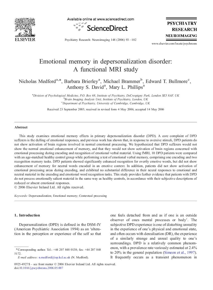 Emotional memory in depersonalization disorder: A functional MRI study