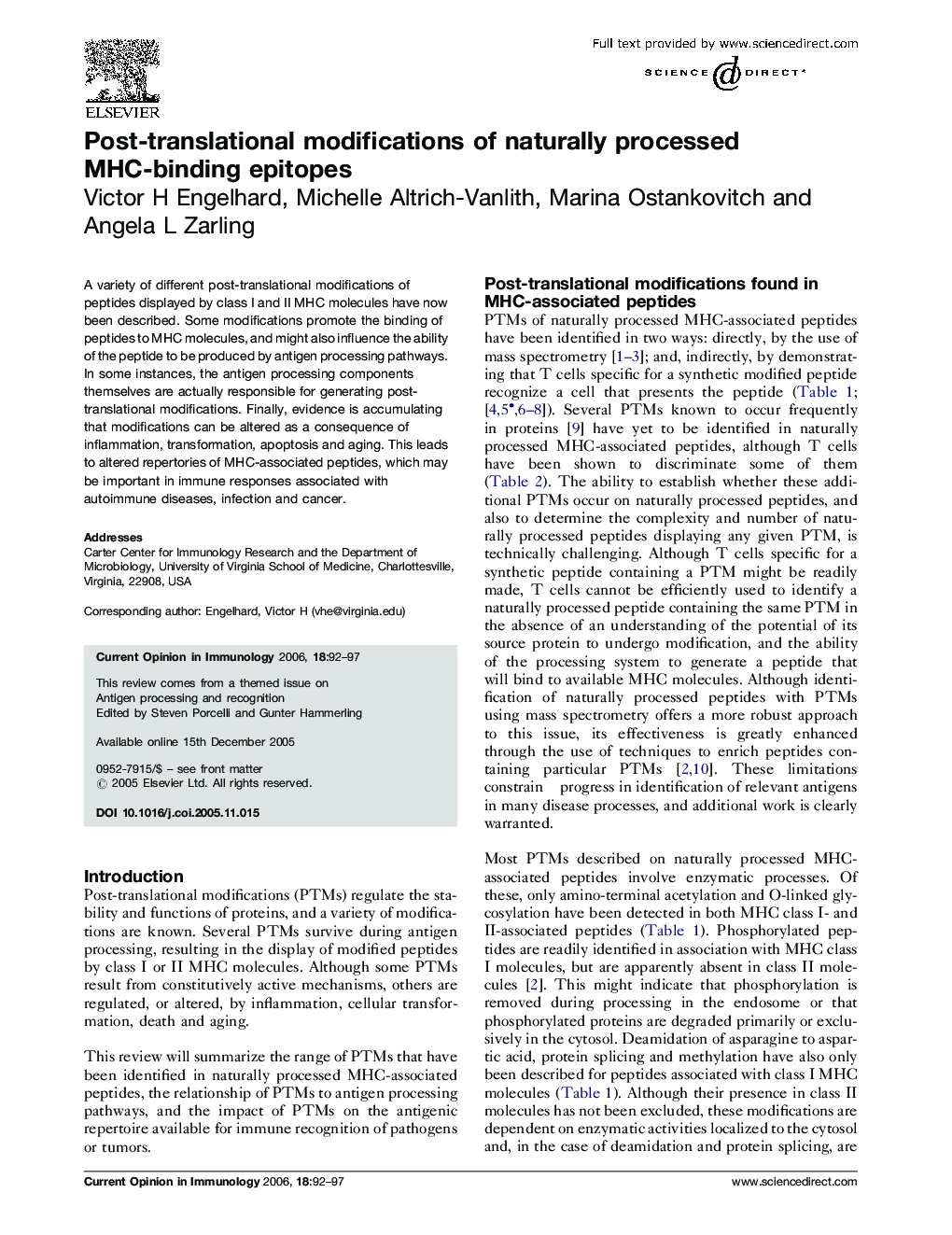 عکس صفحه اول مقاله: Post-translational modifications of naturally processed MHC-binding epitopes Post-translational modifications of naturally processed MHC-binding epitopes