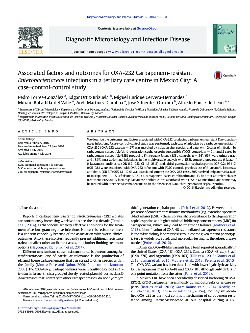 Associated factors and outcomes for OXA-232 Carbapenem-resistant Enterobacteriaceae infections in a tertiary care centre in Mexico City: A case–control-control study