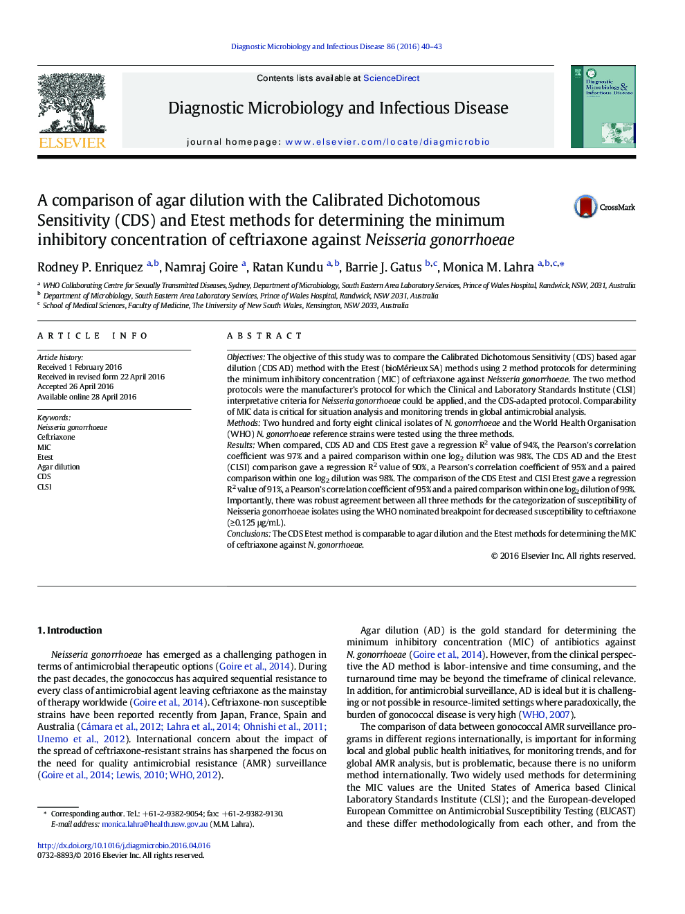 A comparison of agar dilution with the Calibrated Dichotomous Sensitivity (CDS) and Etest methods for determining the minimum inhibitory concentration of ceftriaxone against Neisseria gonorrhoeae