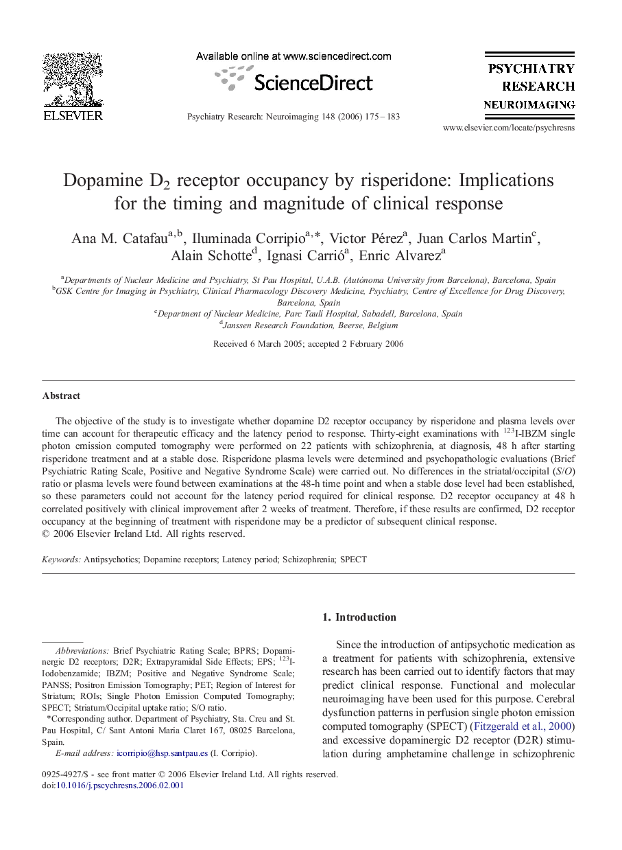 Dopamine D2 receptor occupancy by risperidone: Implications for the timing and magnitude of clinical response