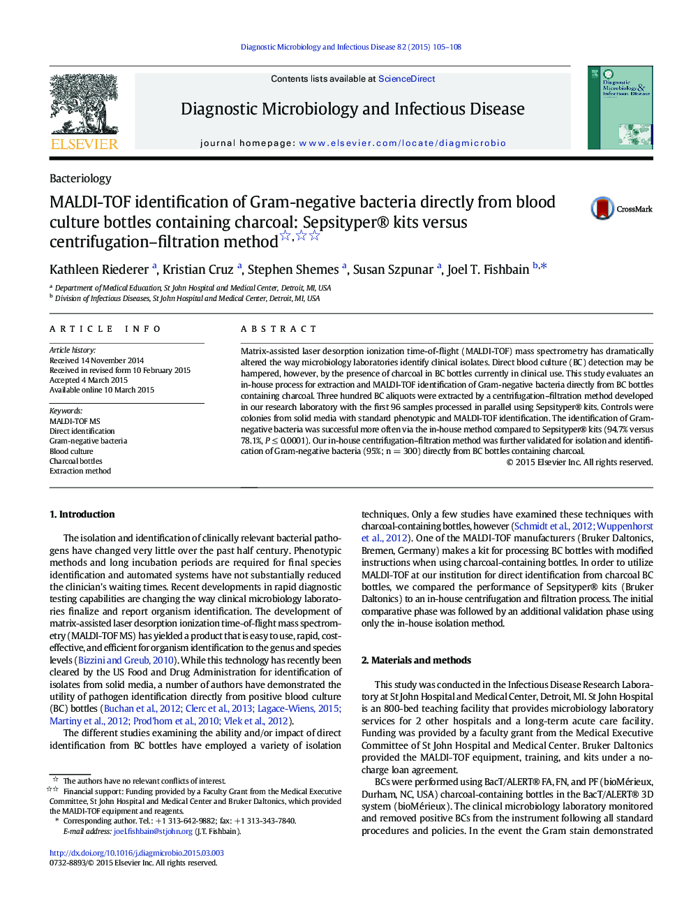 MALDI-TOF identification of Gram-negative bacteria directly from blood culture bottles containing charcoal: Sepsityper® kits versus centrifugation–filtration method 