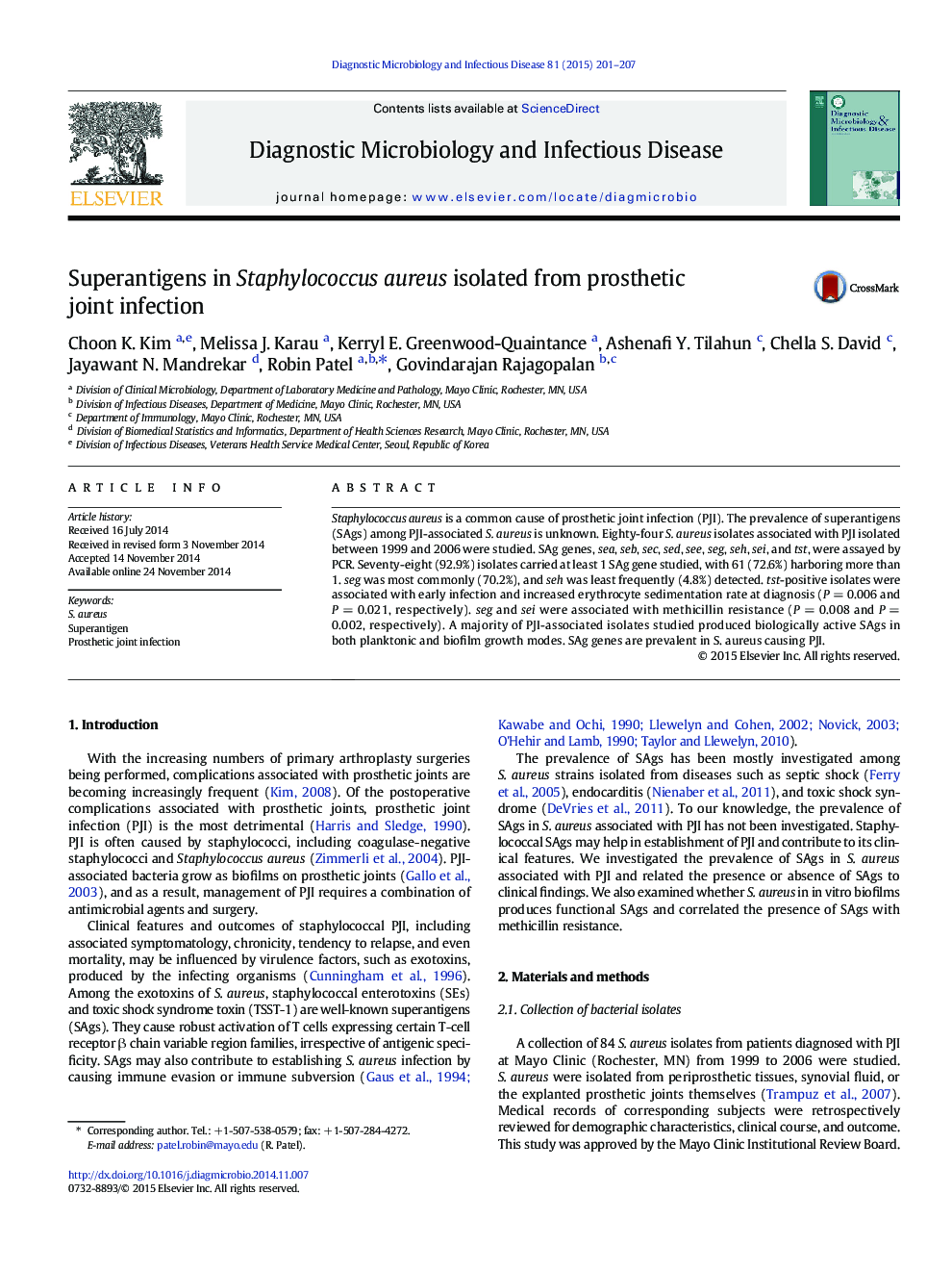 Superantigens in Staphylococcus aureus isolated from prosthetic joint infection