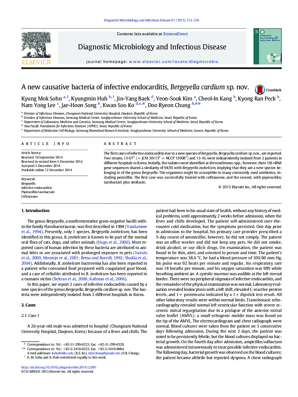 A new causative bacteria of infective endocarditis, Bergeyella cardium sp. nov.