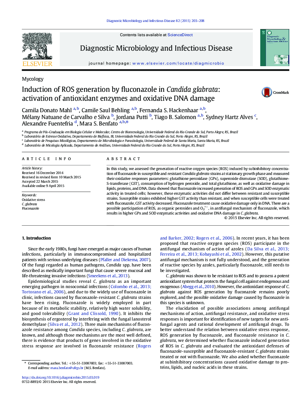 Induction of ROS generation by fluconazole in Candida glabrata: activation of antioxidant enzymes and oxidative DNA damage