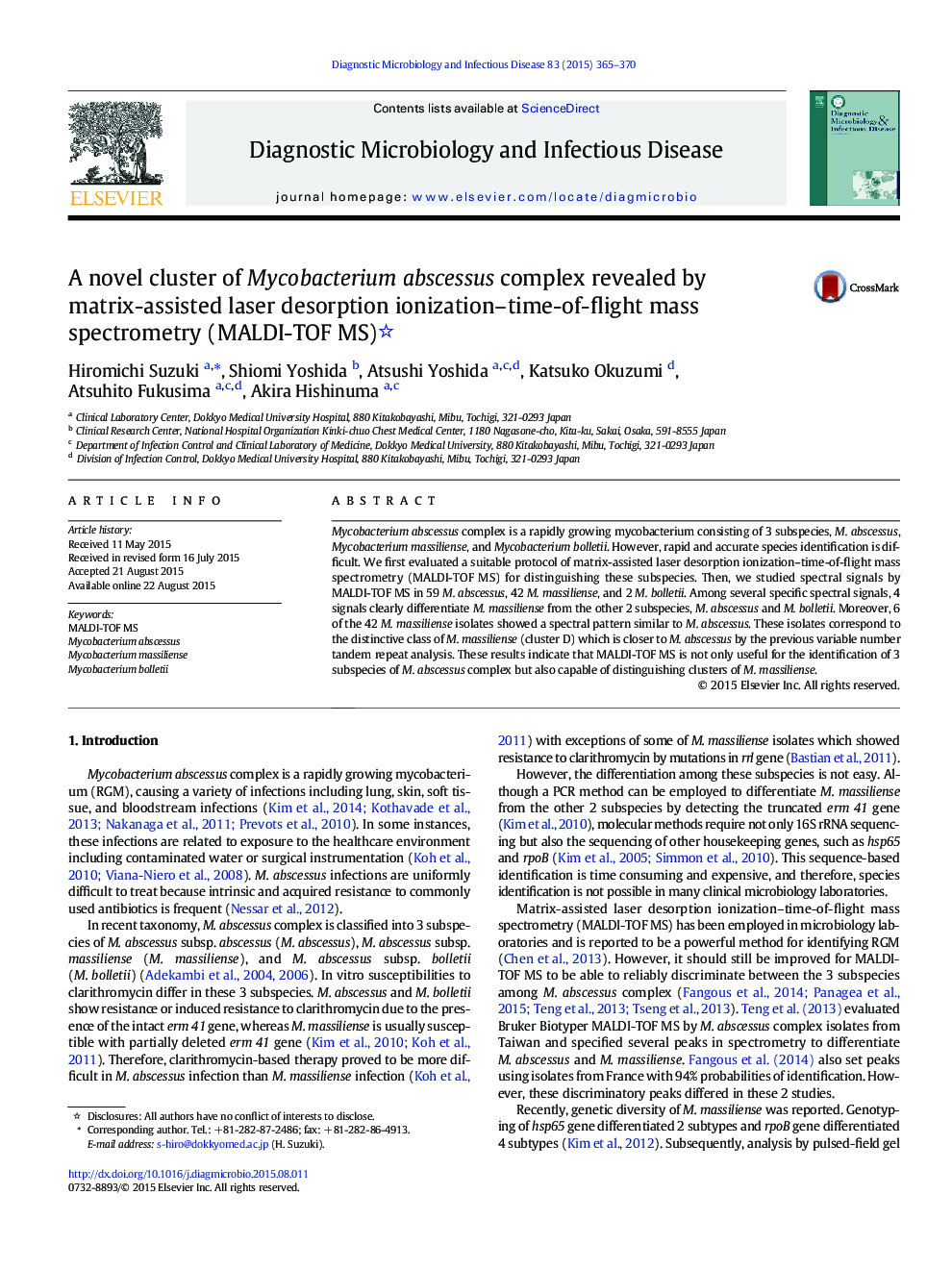 A novel cluster of Mycobacterium abscessus complex revealed by matrix-assisted laser desorption ionization-time-of-flight mass spectrometry (MALDI-TOF MS)