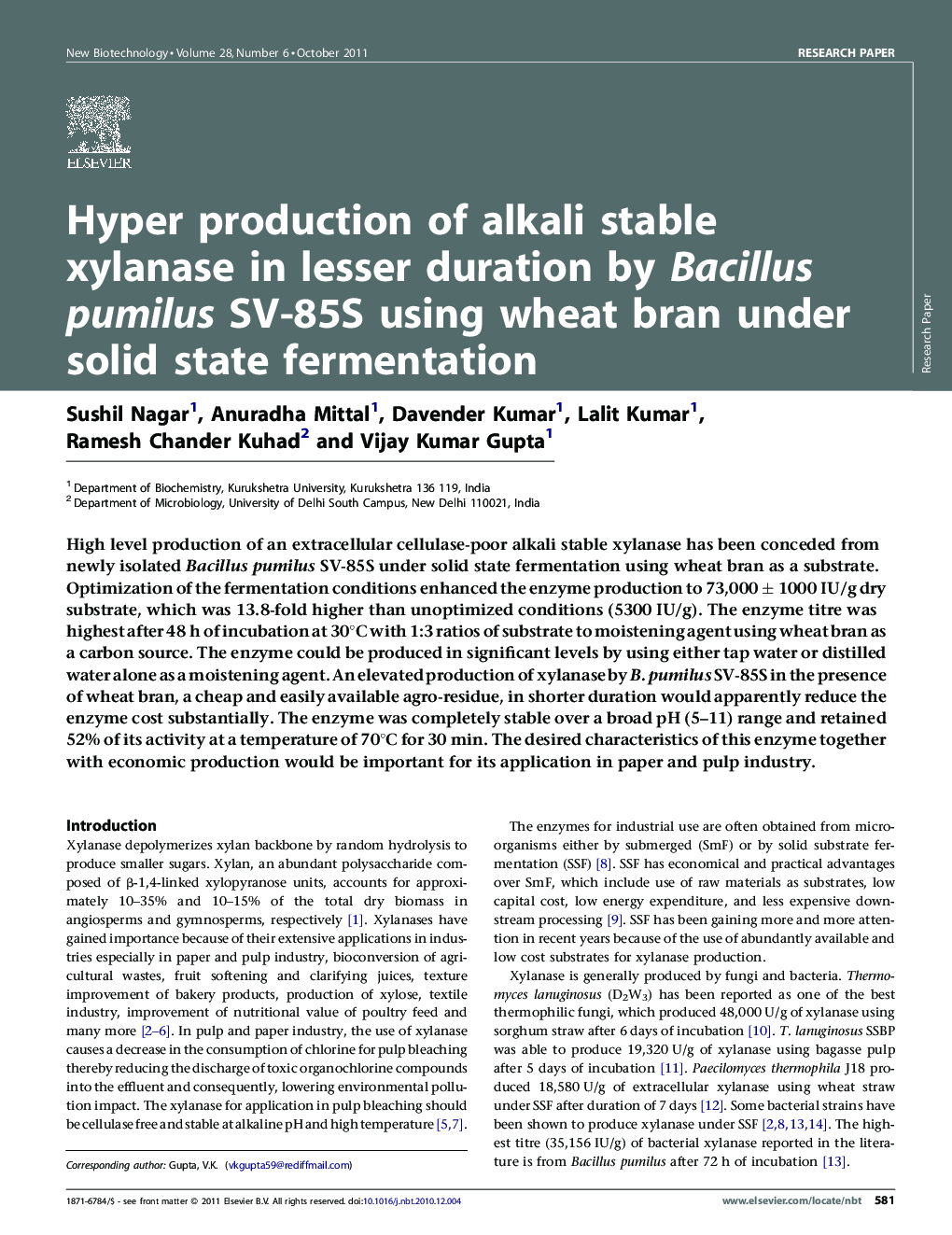 Hyper production of alkali stable xylanase in lesser duration by Bacillus pumilus SV-85S using wheat bran under solid state fermentation