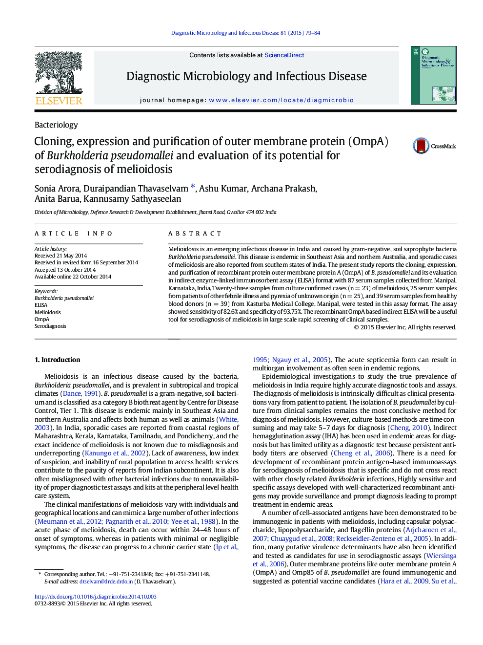 Cloning, expression and purification of outer membrane protein (OmpA) of Burkholderia pseudomallei and evaluation of its potential for serodiagnosis of melioidosis