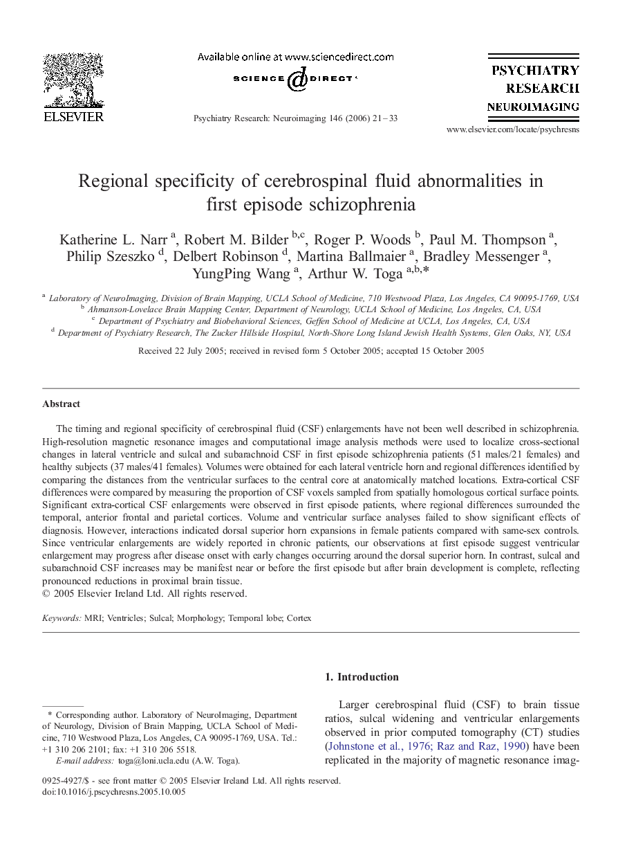 Regional specificity of cerebrospinal fluid abnormalities in first episode schizophrenia