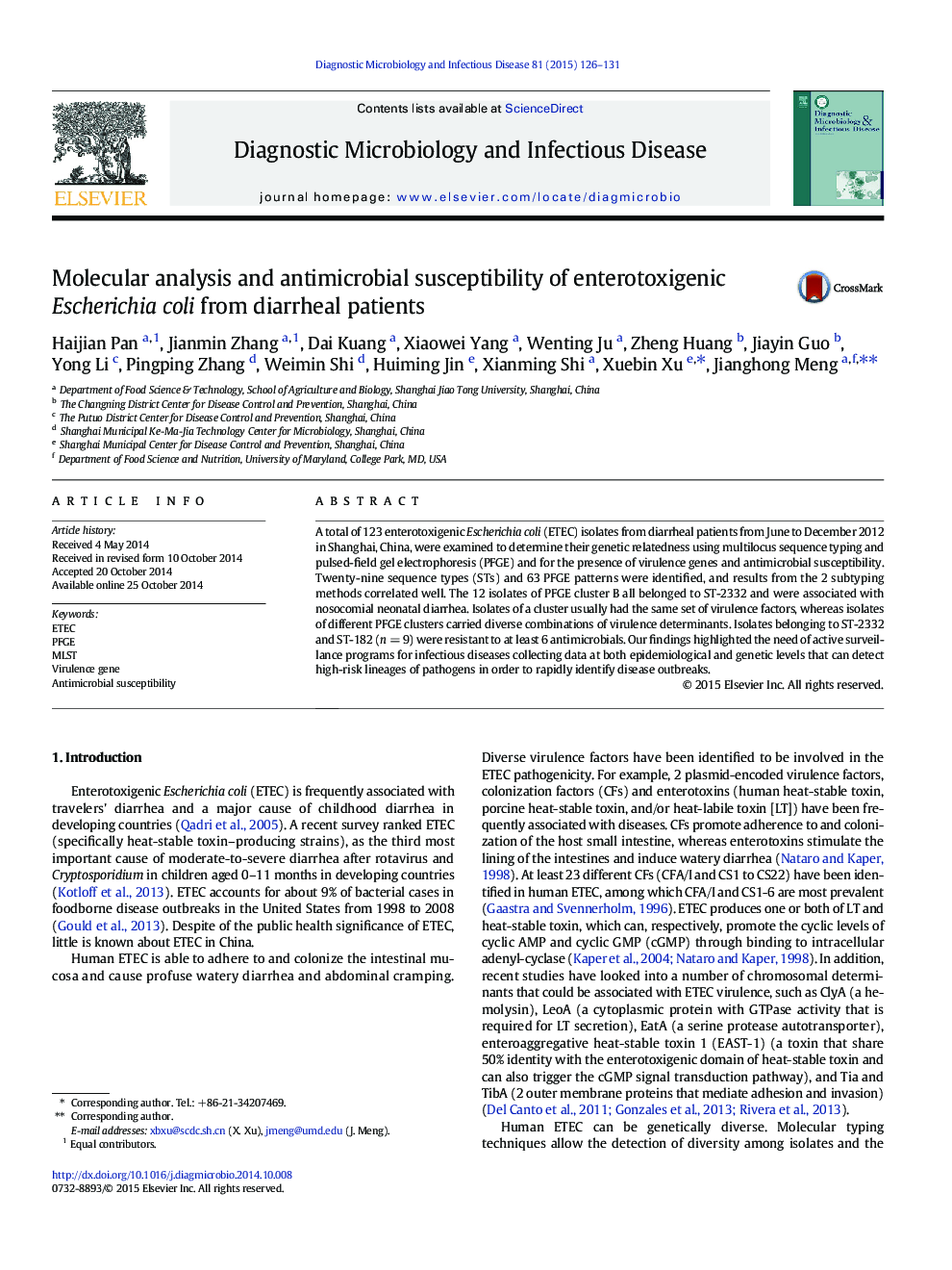 Molecular analysis and antimicrobial susceptibility of enterotoxigenic Escherichia coli from diarrheal patients