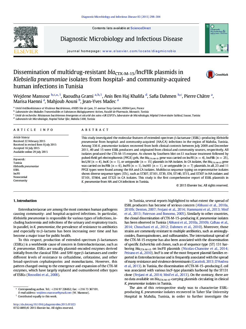 Dissemination of multidrug-resistant blaCTX-M-15/IncFIIk plasmids in Klebsiella pneumoniae isolates from hospital- and community-acquired human infections in Tunisia