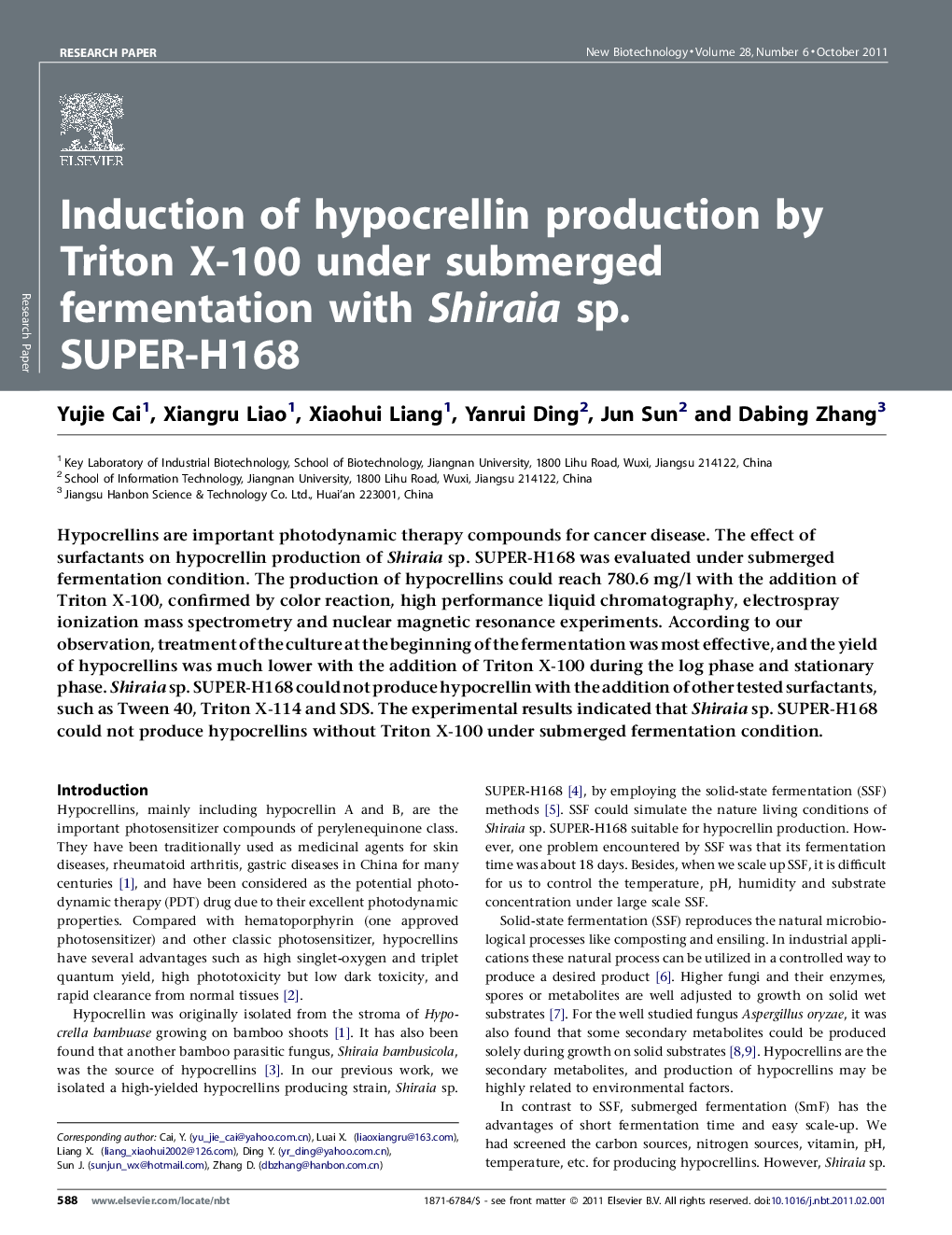 عکس صفحه اول مقاله: Induction of hypocrellin production by Triton X-100 under submerged fermentation with Shiraia sp. SUPER-H168 Induction of hypocrellin production by Triton X-100 under submerged fermentation with Shiraia sp. SUPER-H168