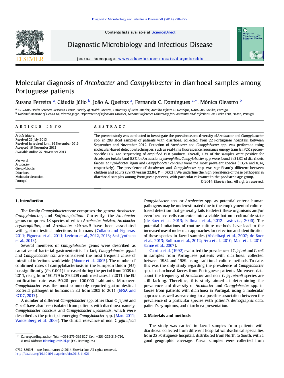 Molecular diagnosis of Arcobacter and Campylobacter in diarrhoeal samples among Portuguese patients