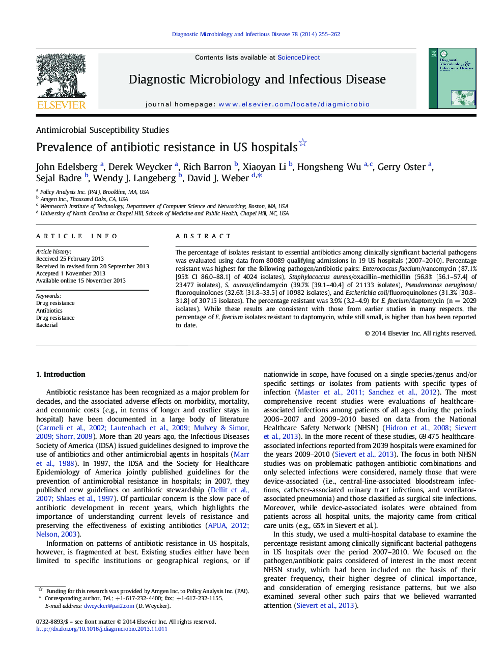 Prevalence of antibiotic resistance in US hospitals 