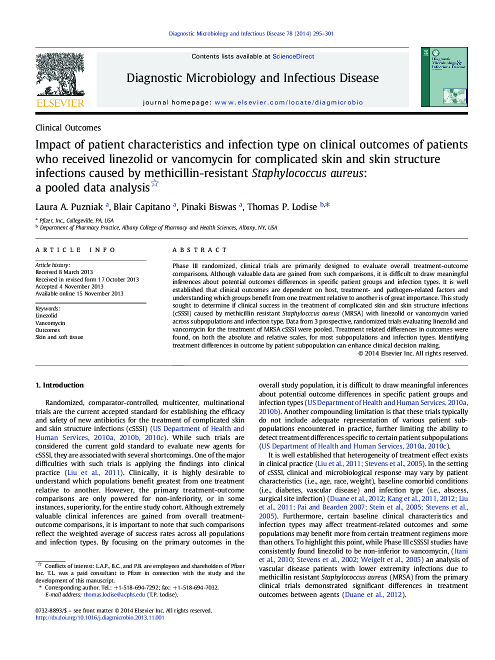 Impact of patient characteristics and infection type on clinical outcomes of patients who received linezolid or vancomycin for complicated skin and skin structure infections caused by methicillin-resistant Staphylococcus aureus: a pooled data analysis 