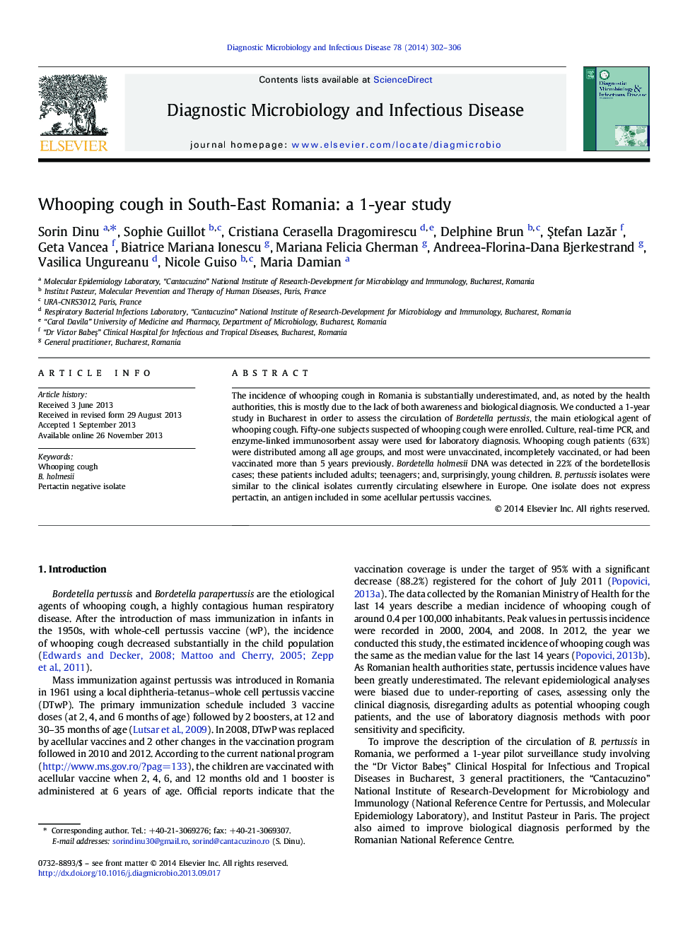 Whooping cough in South-East Romania: a 1-year study