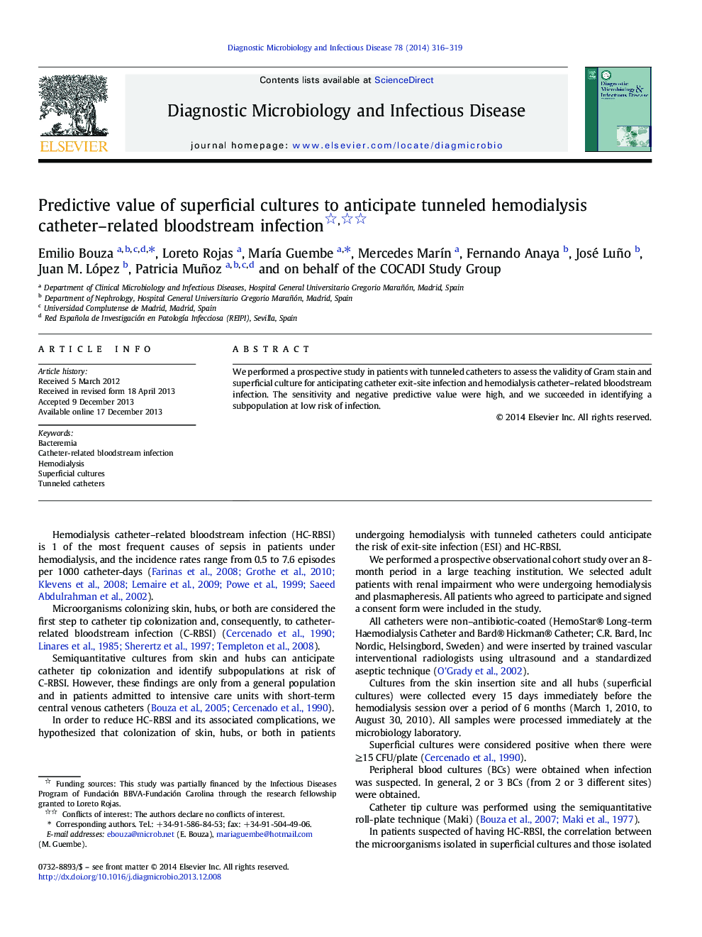 Predictive value of superficial cultures to anticipate tunneled hemodialysis catheter–related bloodstream infection 