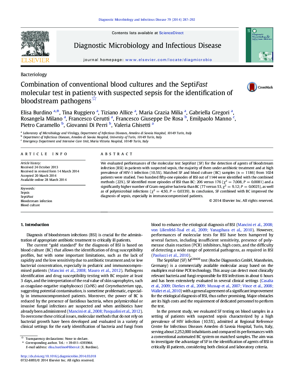 Combination of conventional blood cultures and the SeptiFast molecular test in patients with suspected sepsis for the identification of bloodstream pathogens 