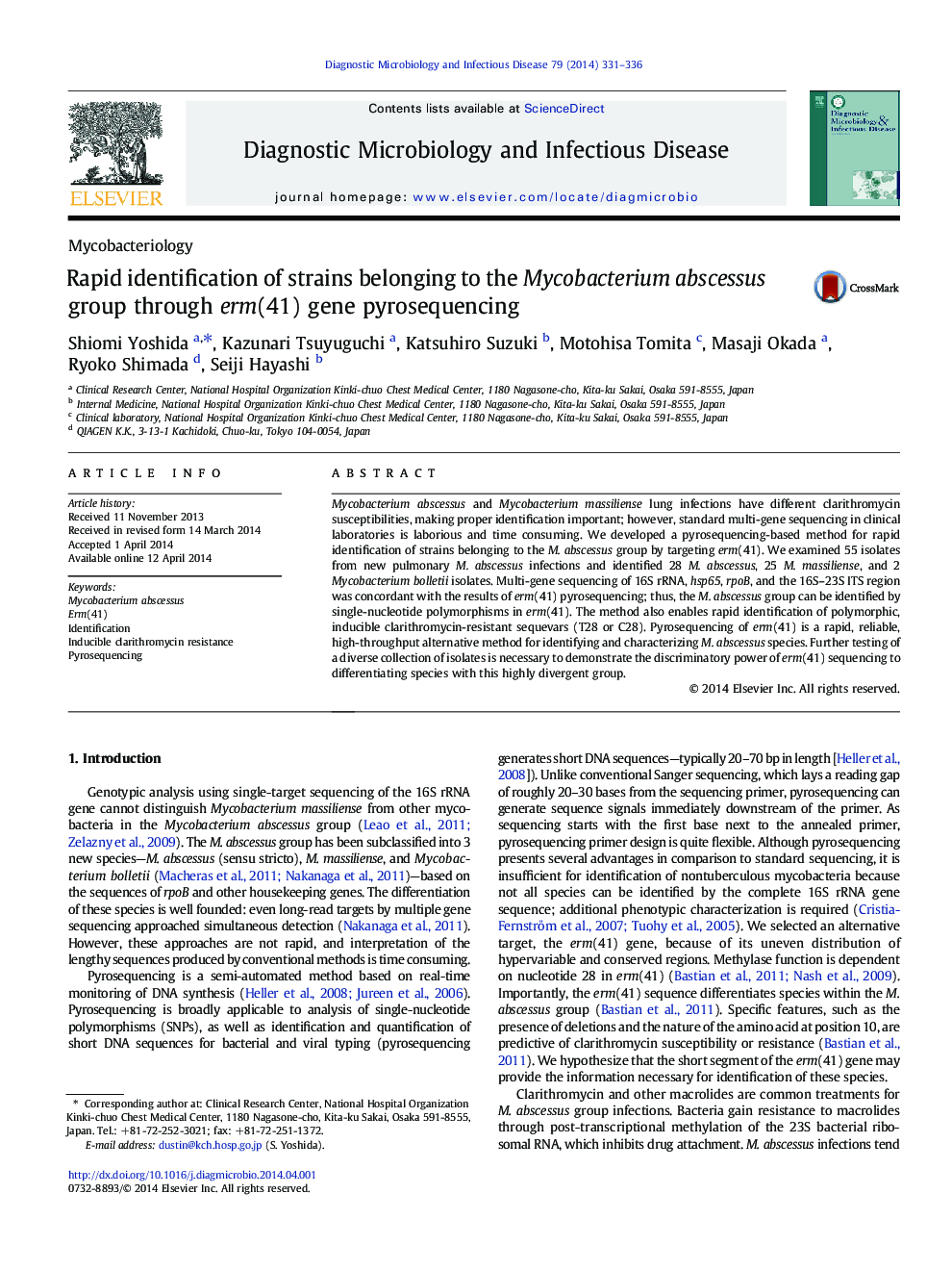 Rapid identification of strains belonging to the Mycobacterium abscessus group through erm(41) gene pyrosequencing