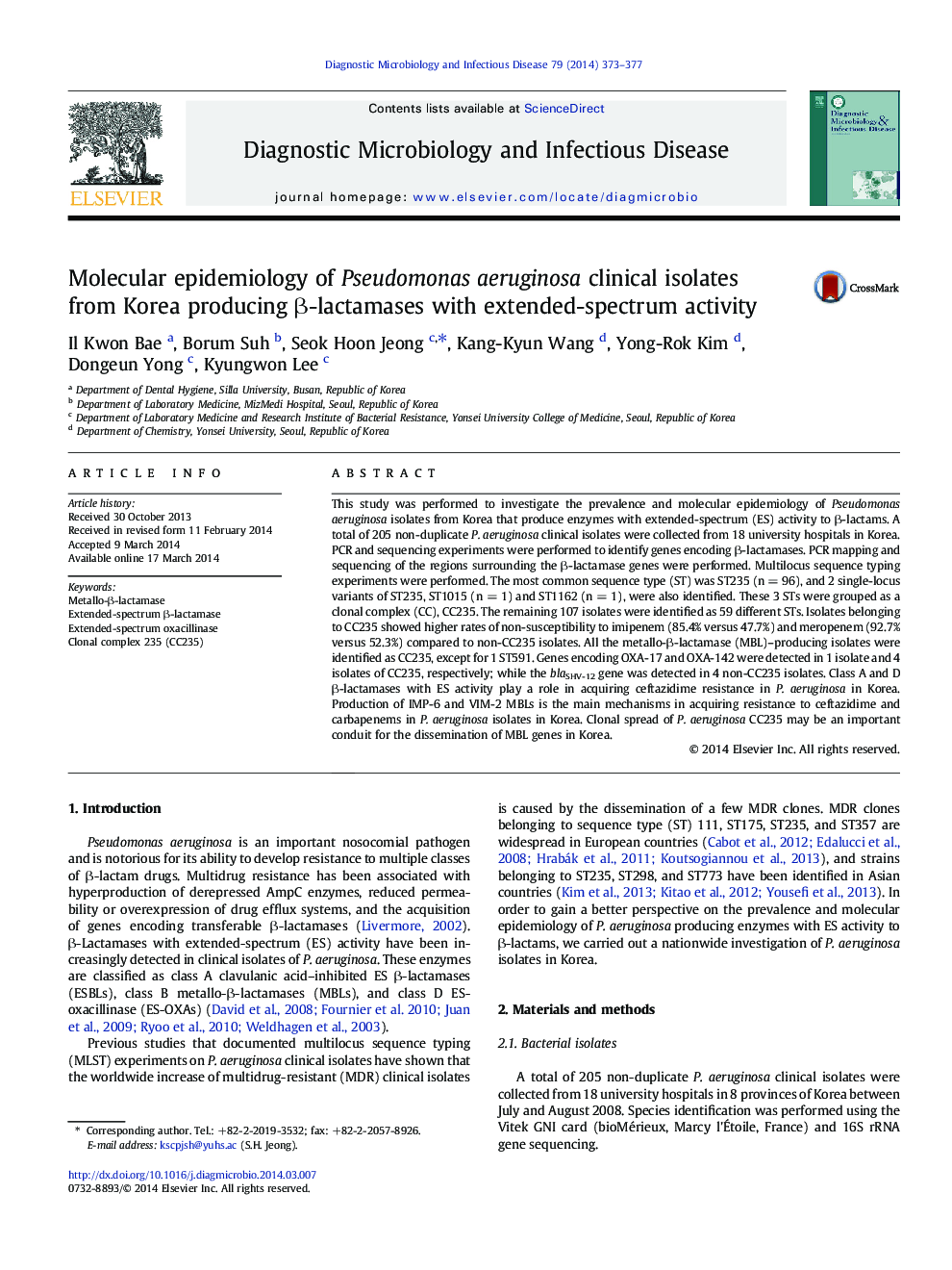 Molecular epidemiology of Pseudomonas aeruginosa clinical isolates from Korea producing β-lactamases with extended-spectrum activity