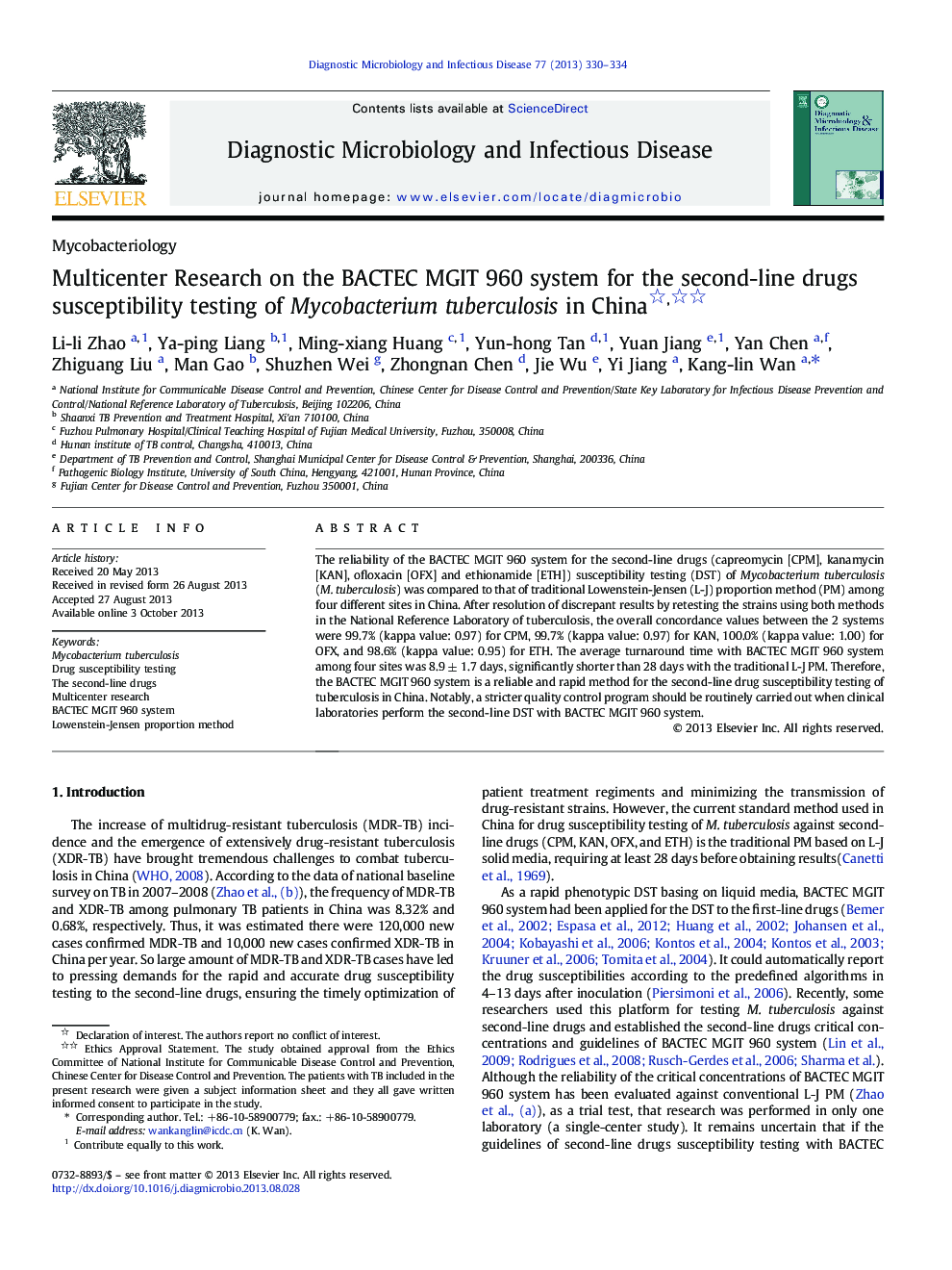 Multicenter Research on the BACTEC MGIT 960 system for the second-line drugs susceptibility testing of Mycobacterium tuberculosis in China 