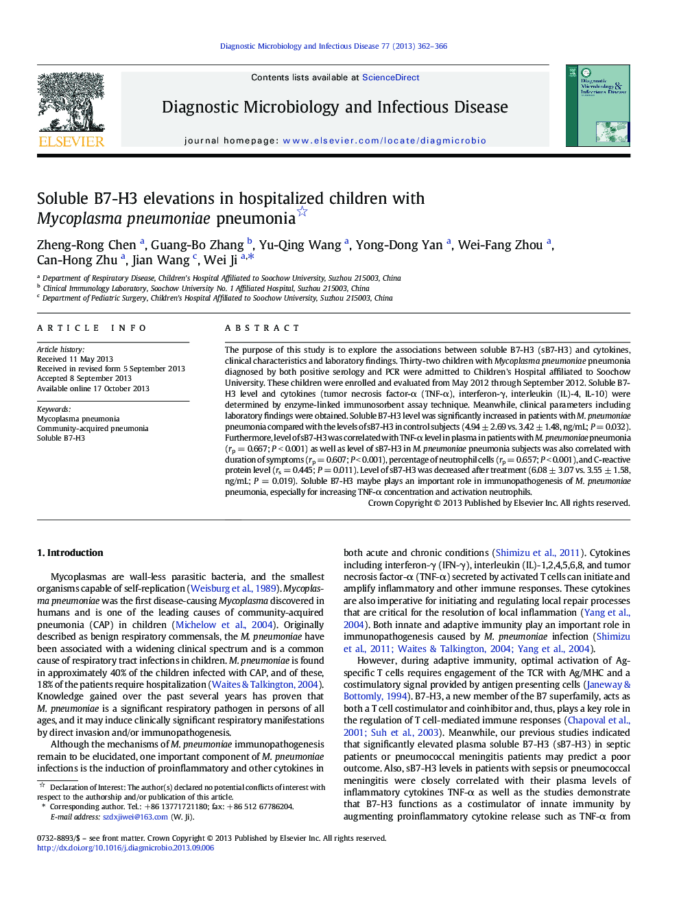 Soluble B7-H3 elevations in hospitalized children with Mycoplasma pneumoniae pneumonia 