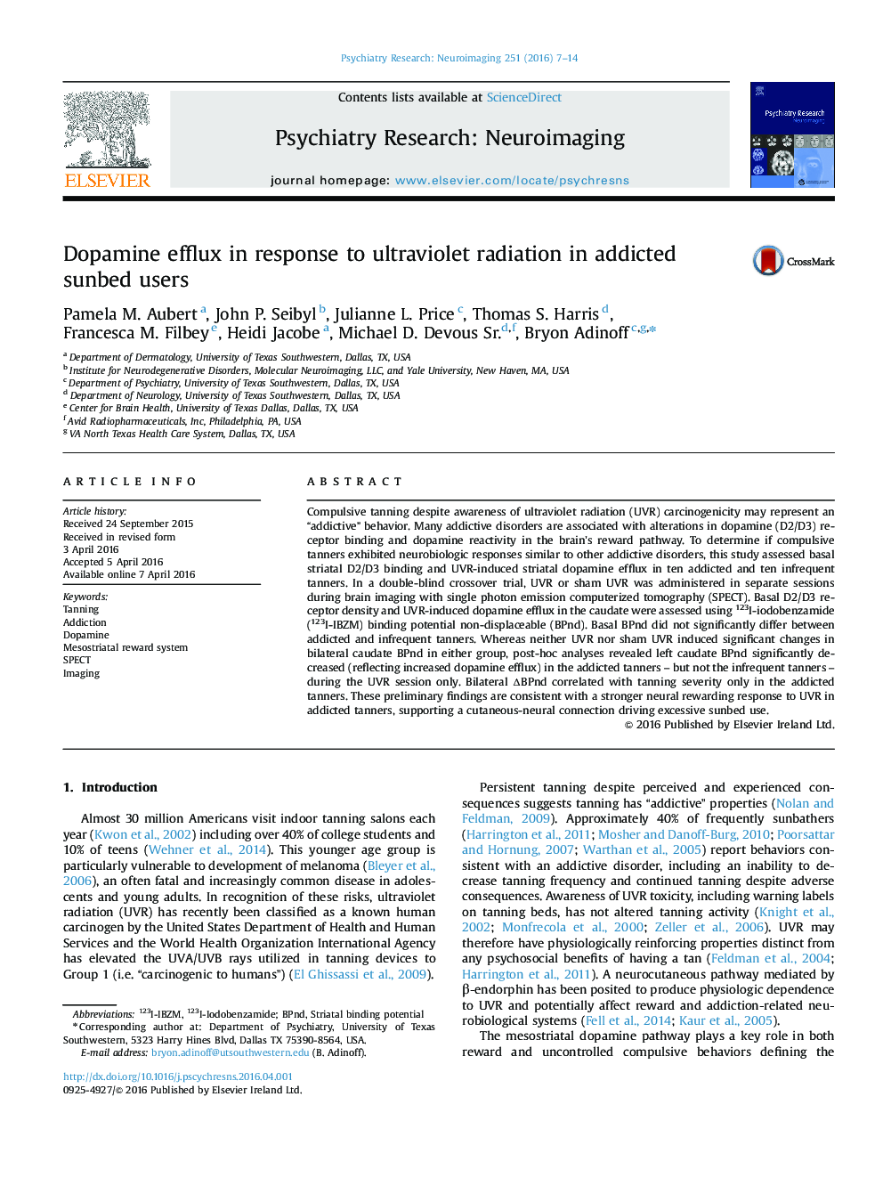 Dopamine efflux in response to ultraviolet radiation in addicted sunbed users