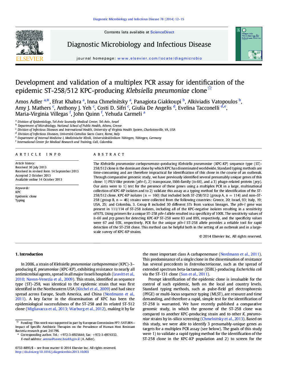 Development and validation of a multiplex PCR assay for identification of the epidemic ST-258/512 KPC-producing Klebsiella pneumoniae clone 