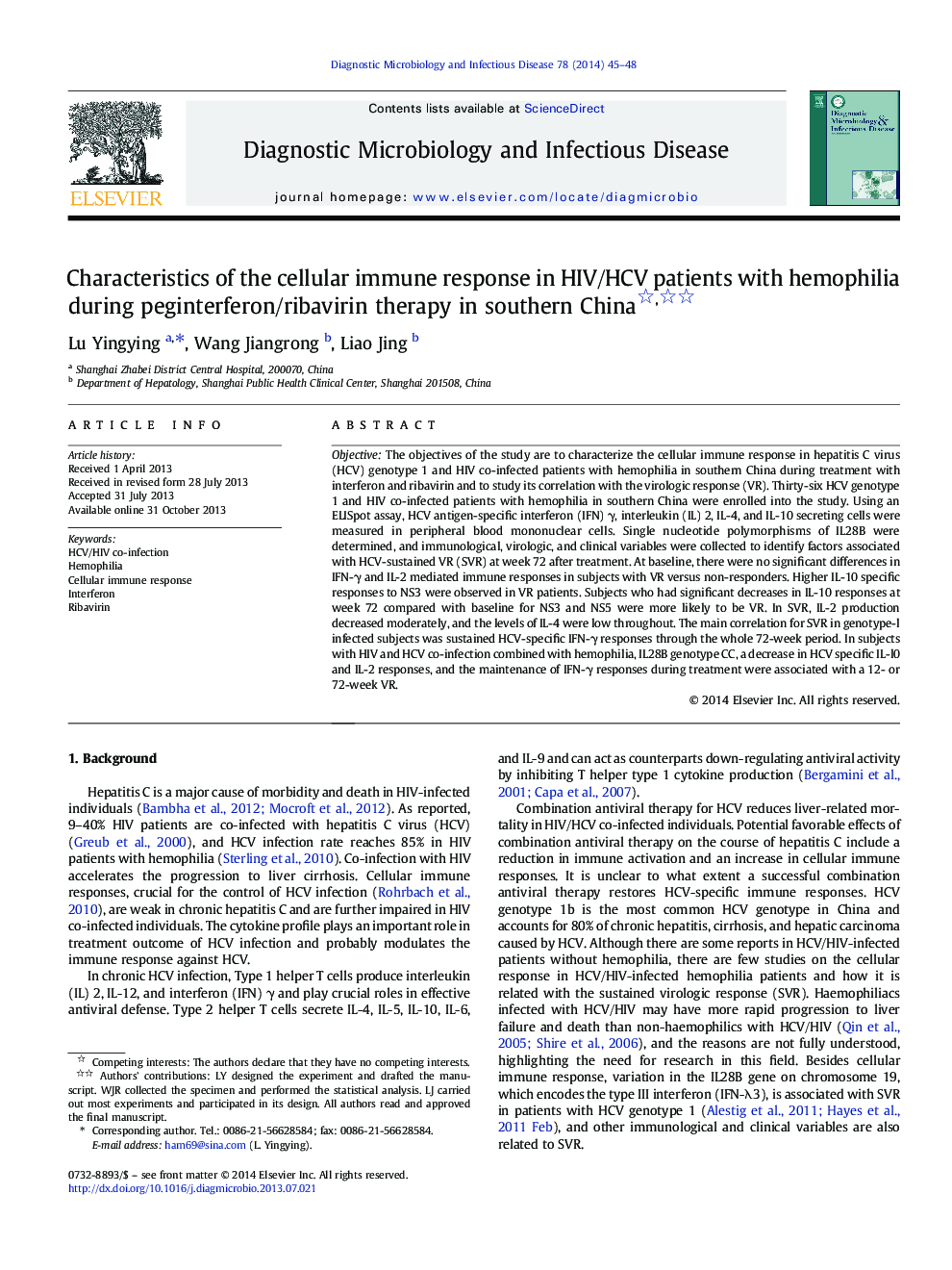 Characteristics of the cellular immune response in HIV/HCV patients with hemophilia during peginterferon/ribavirin therapy in southern China 