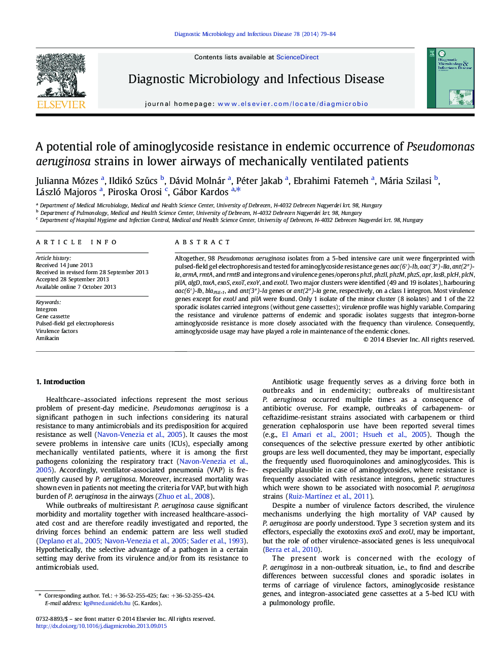 A potential role of aminoglycoside resistance in endemic occurrence of Pseudomonas aeruginosa strains in lower airways of mechanically ventilated patients