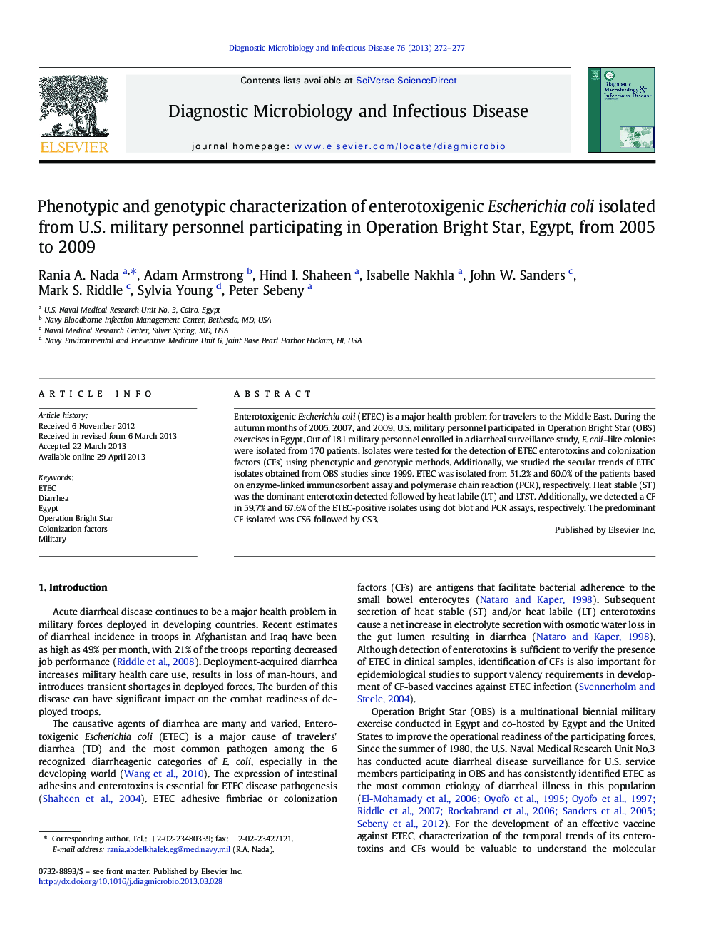 Phenotypic and genotypic characterization of enterotoxigenic Escherichia coli isolated from U.S. military personnel participating in Operation Bright Star, Egypt, from 2005 to 2009