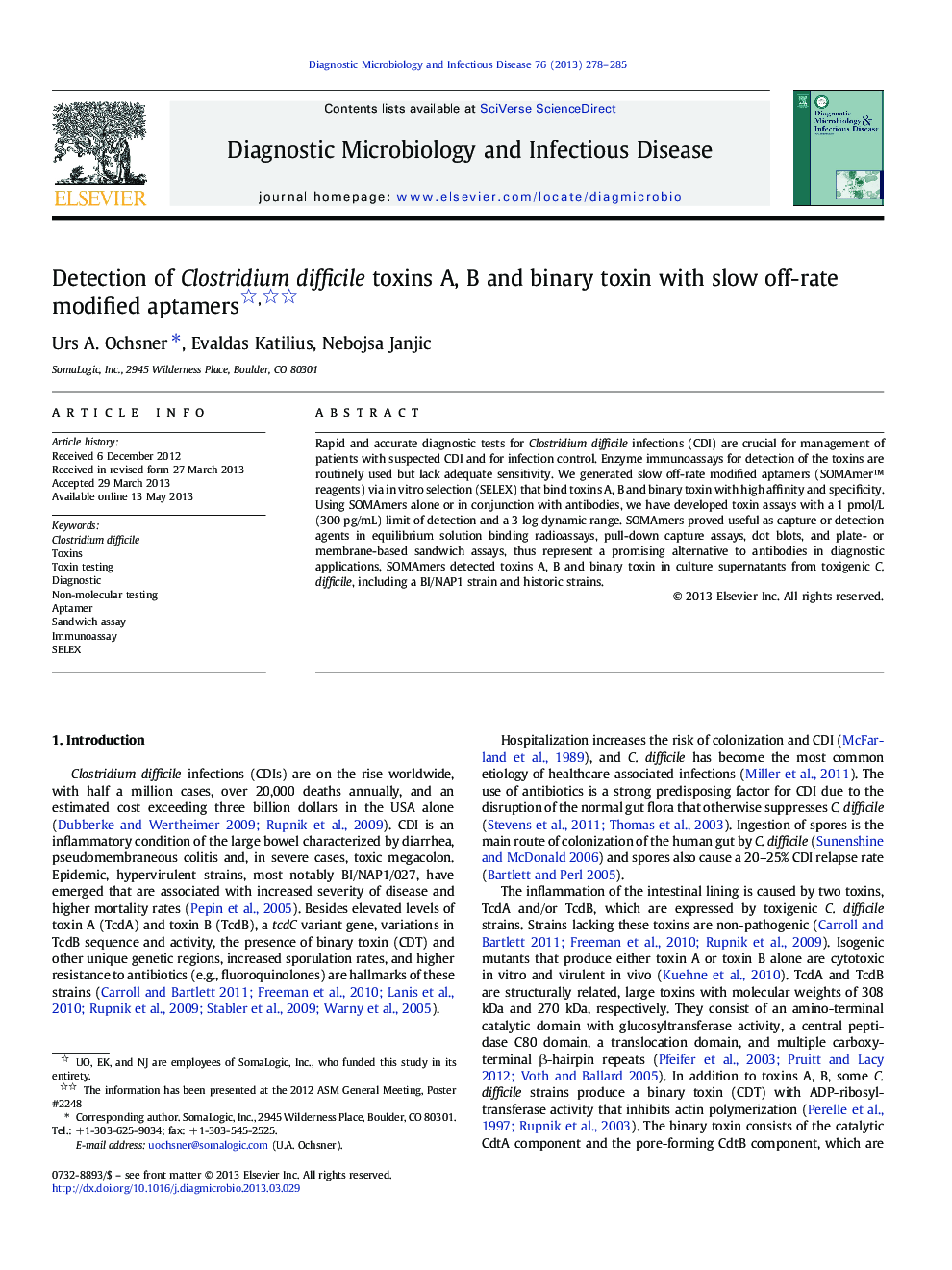 Detection of Clostridium difficile toxins A, B and binary toxin with slow off-rate modified aptamers 