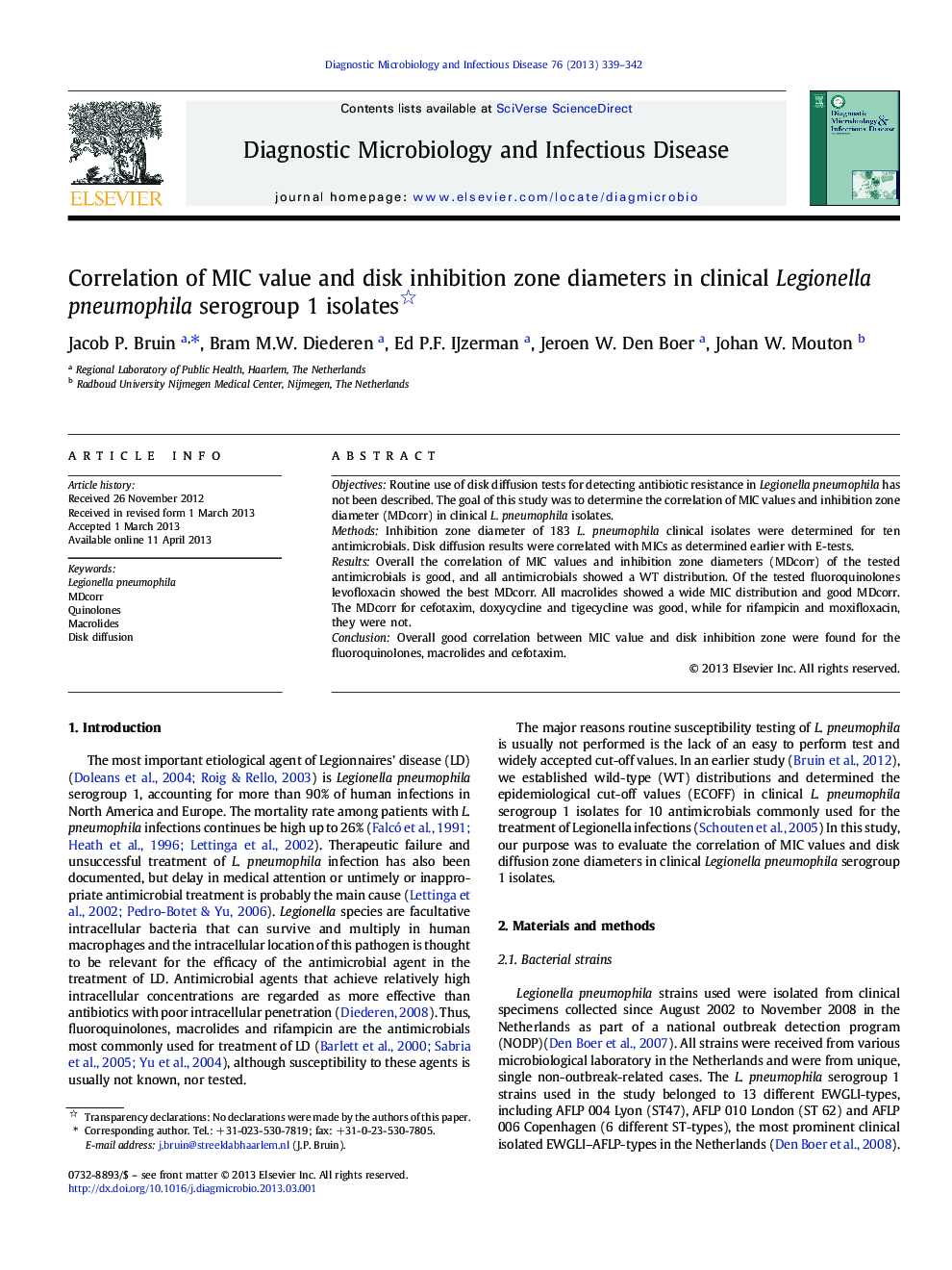 Correlation of MIC value and disk inhibition zone diameters in clinical Legionella pneumophila serogroup 1 isolates 