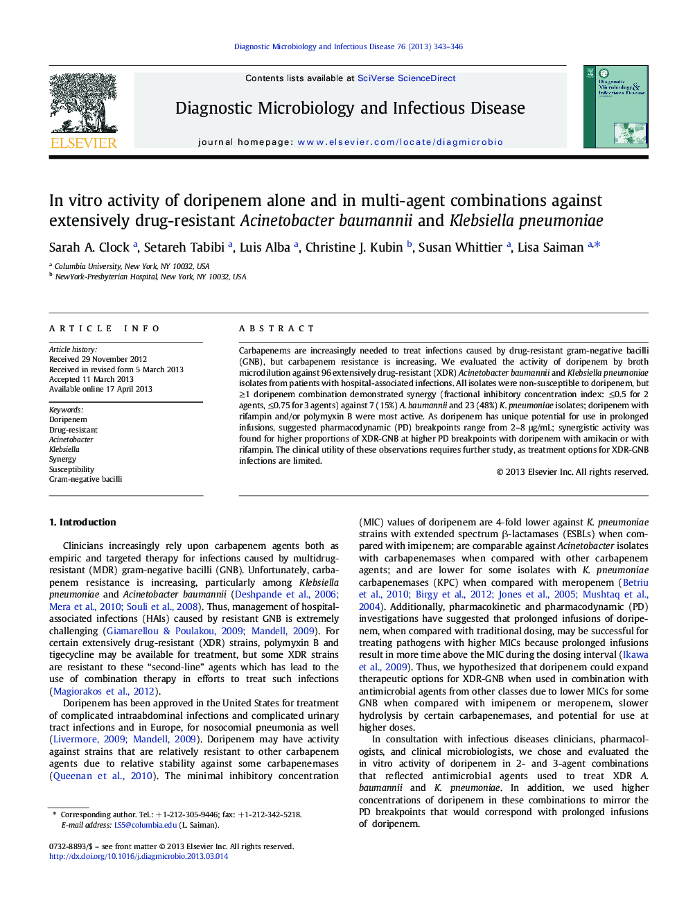 In vitro activity of doripenem alone and in multi-agent combinations against extensively drug-resistant Acinetobacter baumannii and Klebsiella pneumoniae