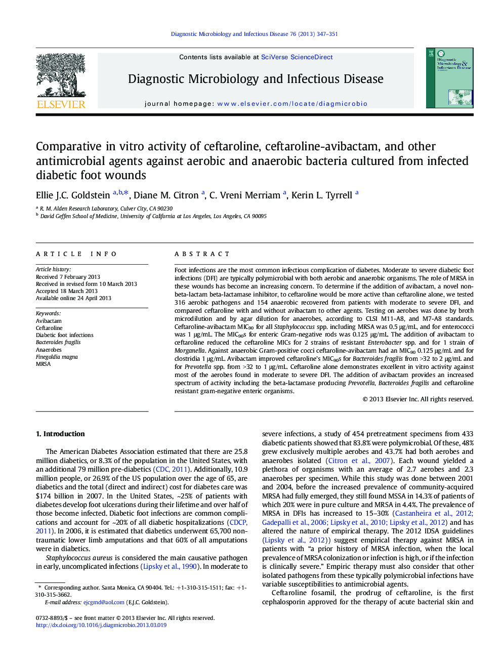 Comparative in vitro activity of ceftaroline, ceftaroline-avibactam, and other antimicrobial agents against aerobic and anaerobic bacteria cultured from infected diabetic foot wounds