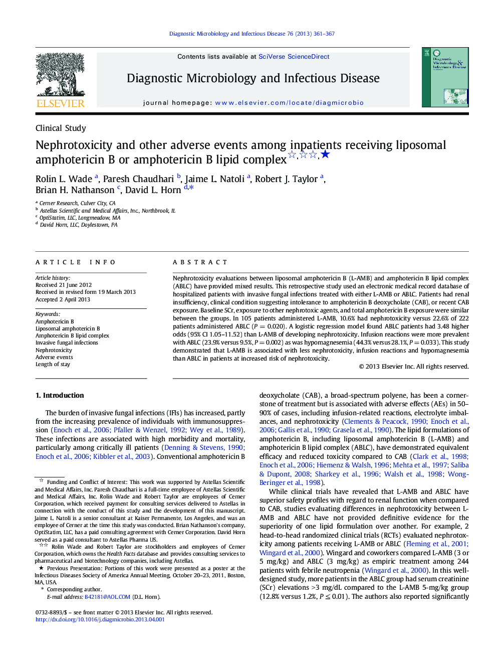 Nephrotoxicity and other adverse events among inpatients receiving liposomal amphotericin B or amphotericin B lipid complex ★