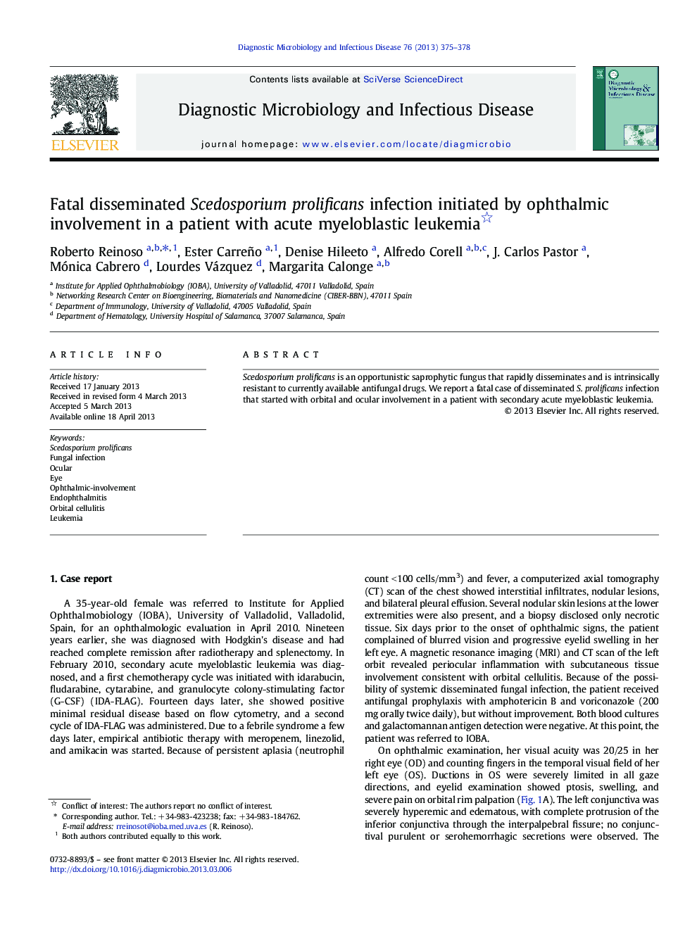 Fatal disseminated Scedosporium prolificans infection initiated by ophthalmic involvement in a patient with acute myeloblastic leukemia