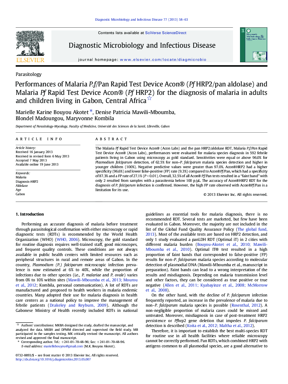 عکس صفحه اول مقاله: Performances of Malaria P.f/Pan Rapid Test Device Acon® (Pf HRP2/pan aldolase) and Malaria Pf Rapid Test Device Acon® (Pf HRP2) for the diagnosis of malaria in adults and children living in Gabon, Central Africa Performances of Malaria P.f/Pan Rapid Test Device Acon® (Pf HRP2/pan aldolase) and Malaria Pf Rapid Test Device Acon® (Pf HRP2) for the diagnosis of malaria in adults and children living in Gabon, Central Africa