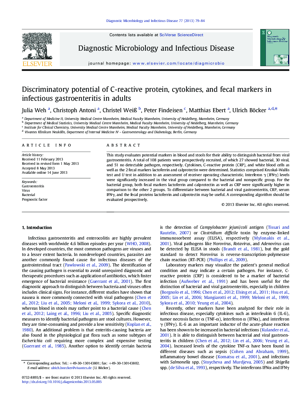 Discriminatory potential of C-reactive protein, cytokines, and fecal markers in infectious gastroenteritis in adults