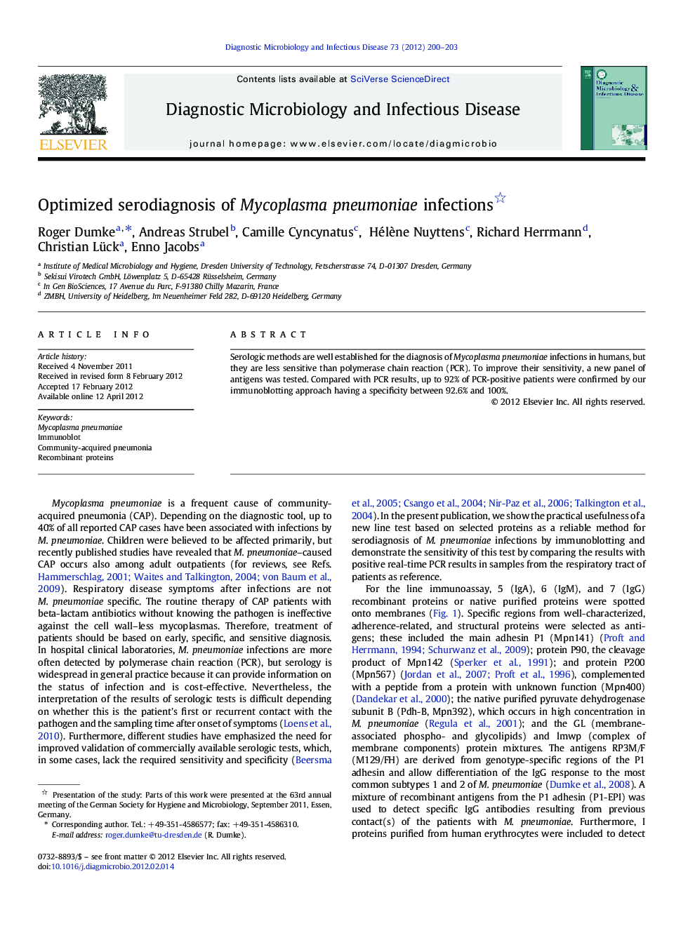Optimized serodiagnosis of Mycoplasma pneumoniae infections 