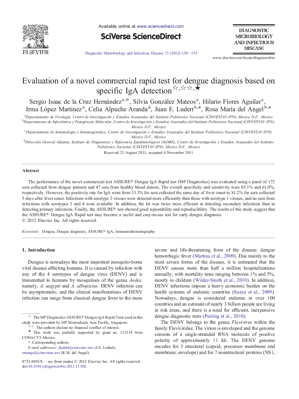 عکس صفحه اول مقاله: Evaluation of a novel commercial rapid test for dengue diagnosis based on specific IgA detection ★ Evaluation of a novel commercial rapid test for dengue diagnosis based on specific IgA detection ★