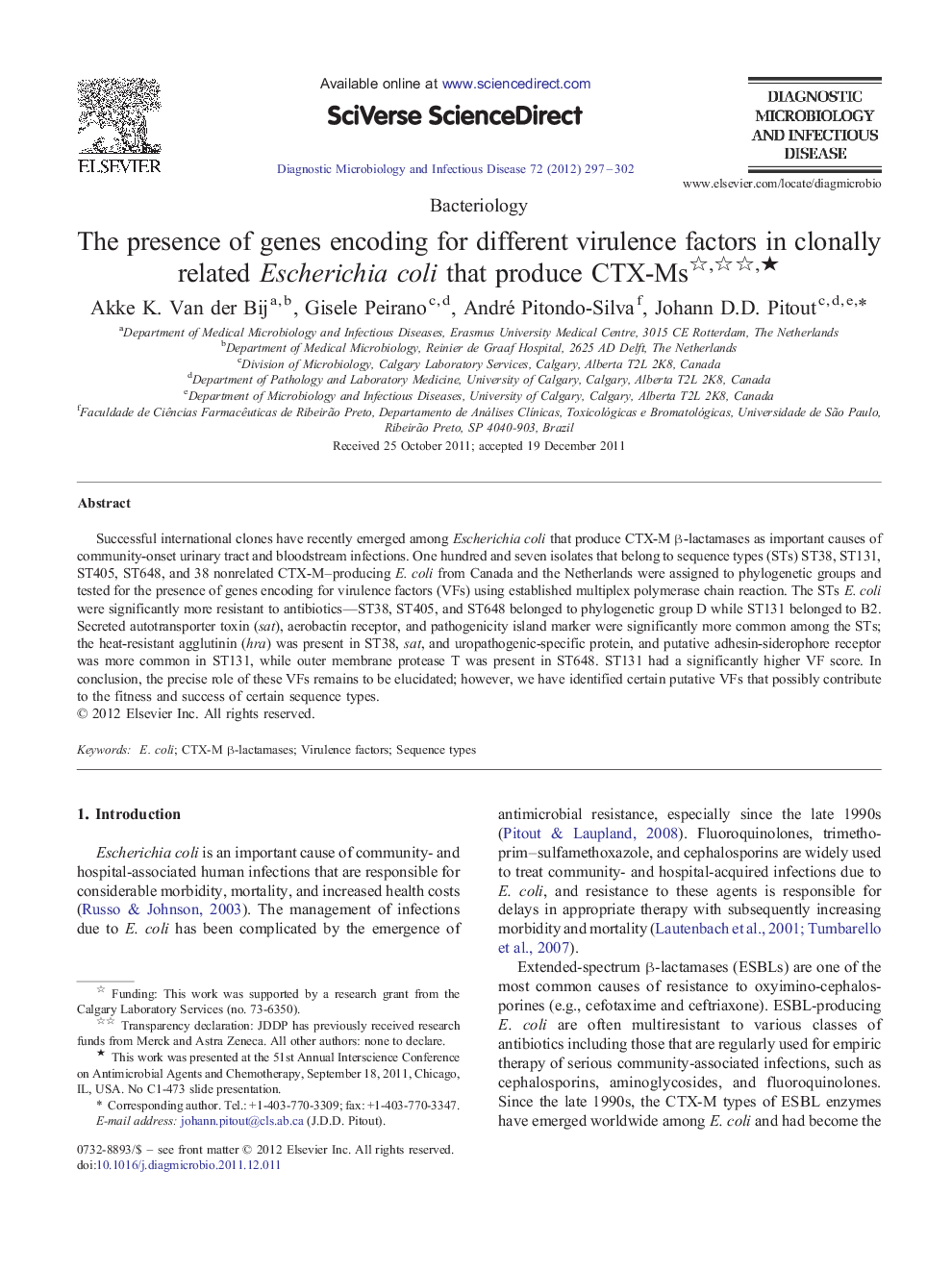 The presence of genes encoding for different virulence factors in clonally related Escherichia coli that produce CTX-Ms ★