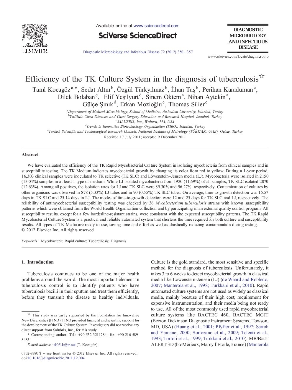 Efficiency of the TK Culture System in the diagnosis of tuberculosis 