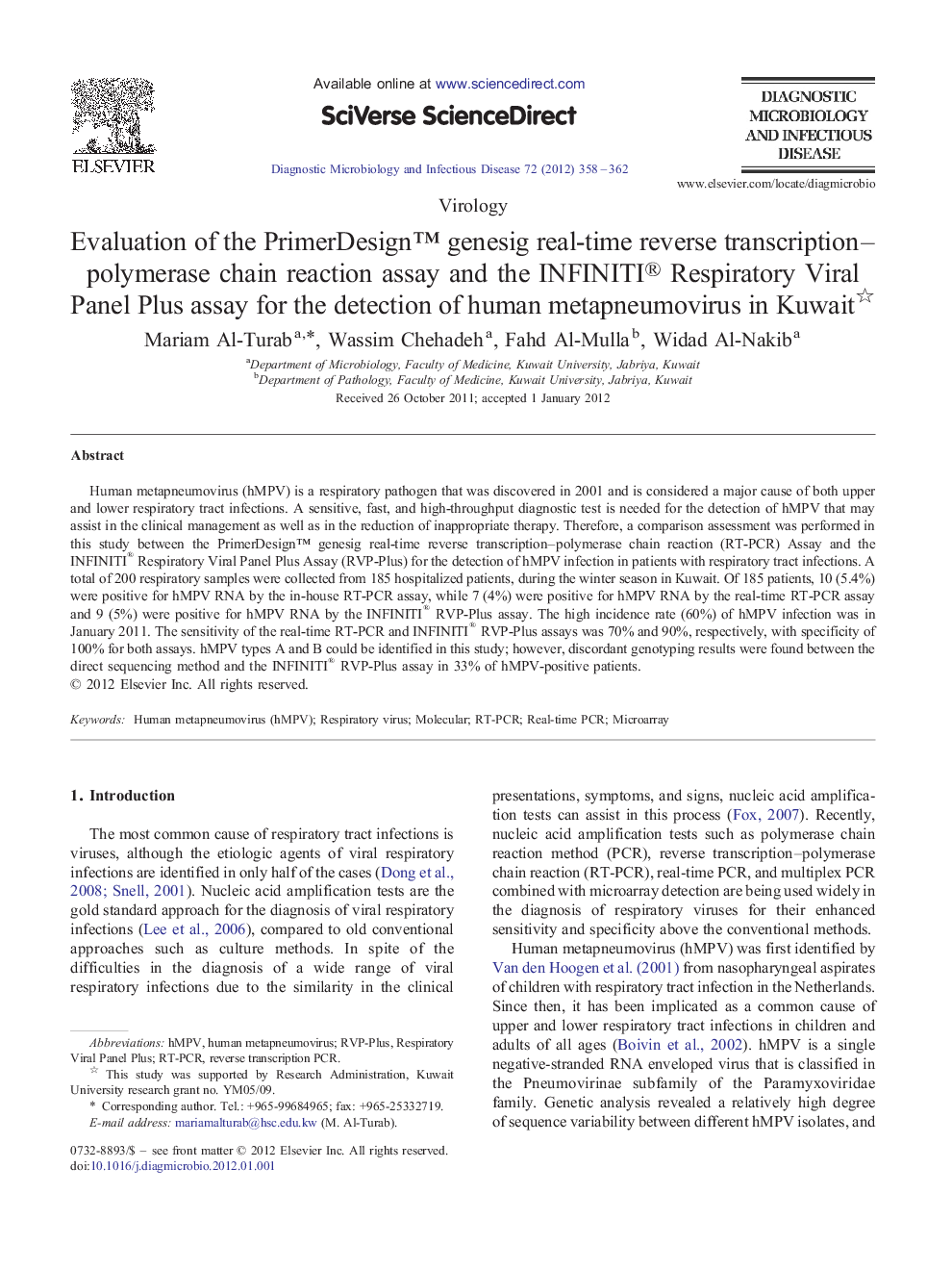 Evaluation of the PrimerDesign™ genesig real-time reverse transcription–polymerase chain reaction assay and the INFINITI® Respiratory Viral Panel Plus assay for the detection of human metapneumovirus in Kuwait 